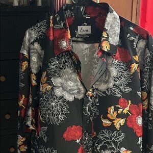 Amazon Men’s Black Button-Down Shirt with Red, Gray & Yellow Floral Print